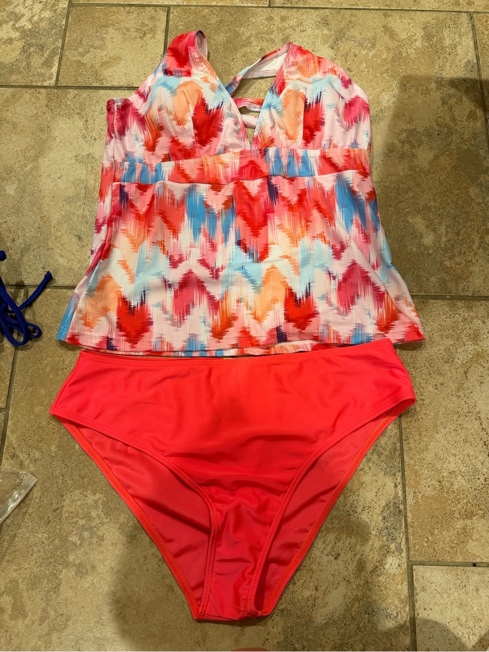 Colorful Printed Tankini Top with Bright Coral Bottom